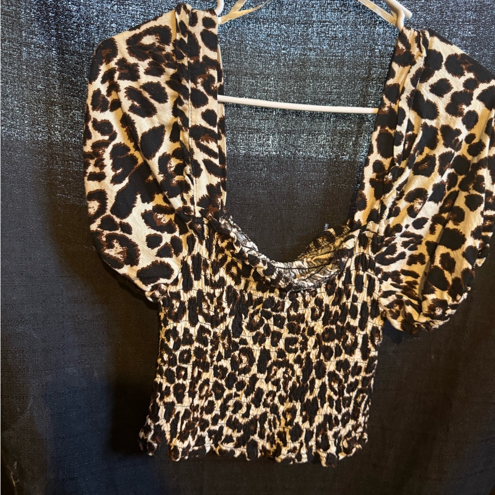 Smocked Tan and Brown Puff Sleeve Blouse